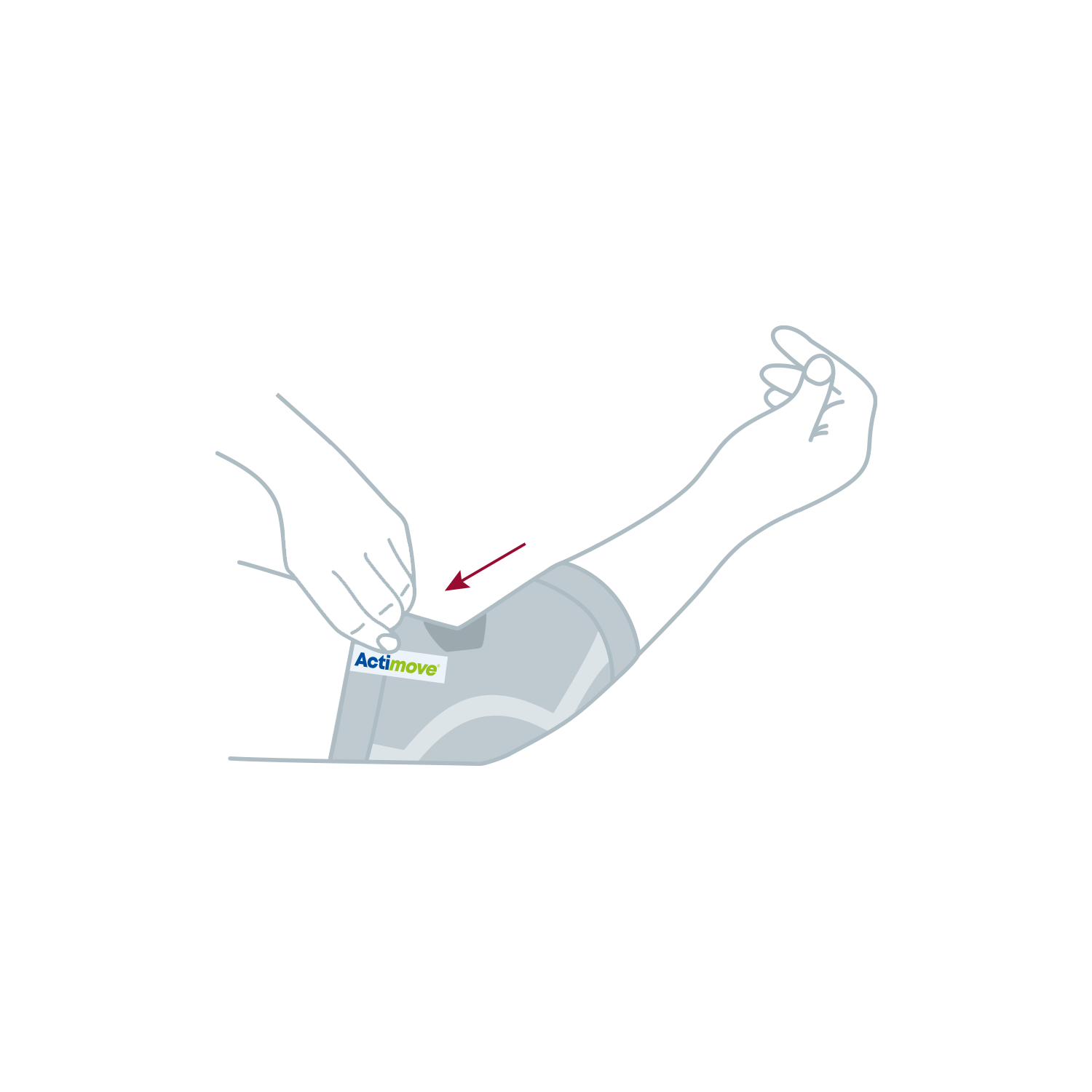 How to put on the Actimove Everyday Supports Elbow Support: slide your arm through the sleeve
 How to put on the Actimove Everyday Supports Elbow Support: slide your arm through the sleeve